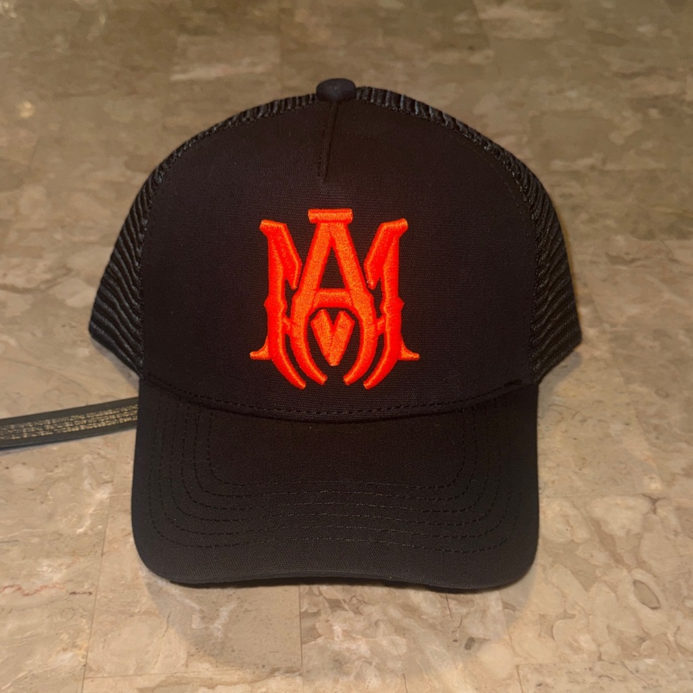 AMIRI Black and Orange Trucker Hat